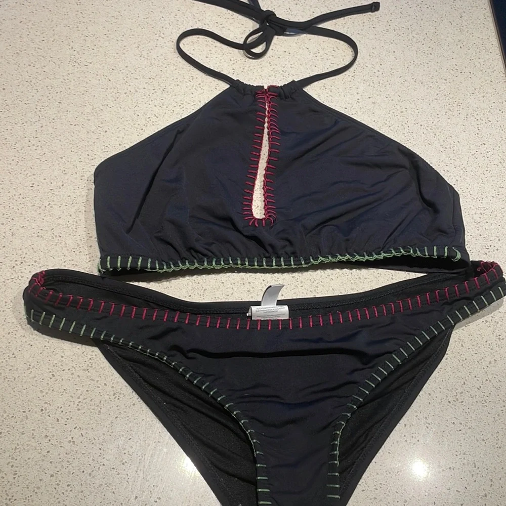 Lucky Brand Black Bikini with Pink and Green Stitching